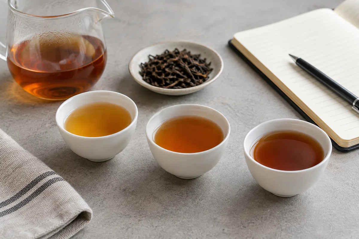Three small white tea cups with subtly different amber liquor beside a notebook