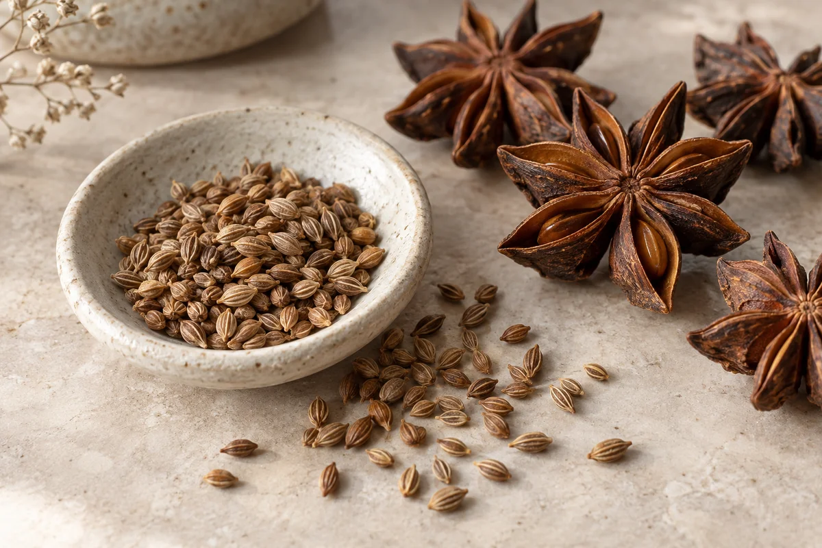 Small anise fruits and star-shaped star anise arranged in separate dishes