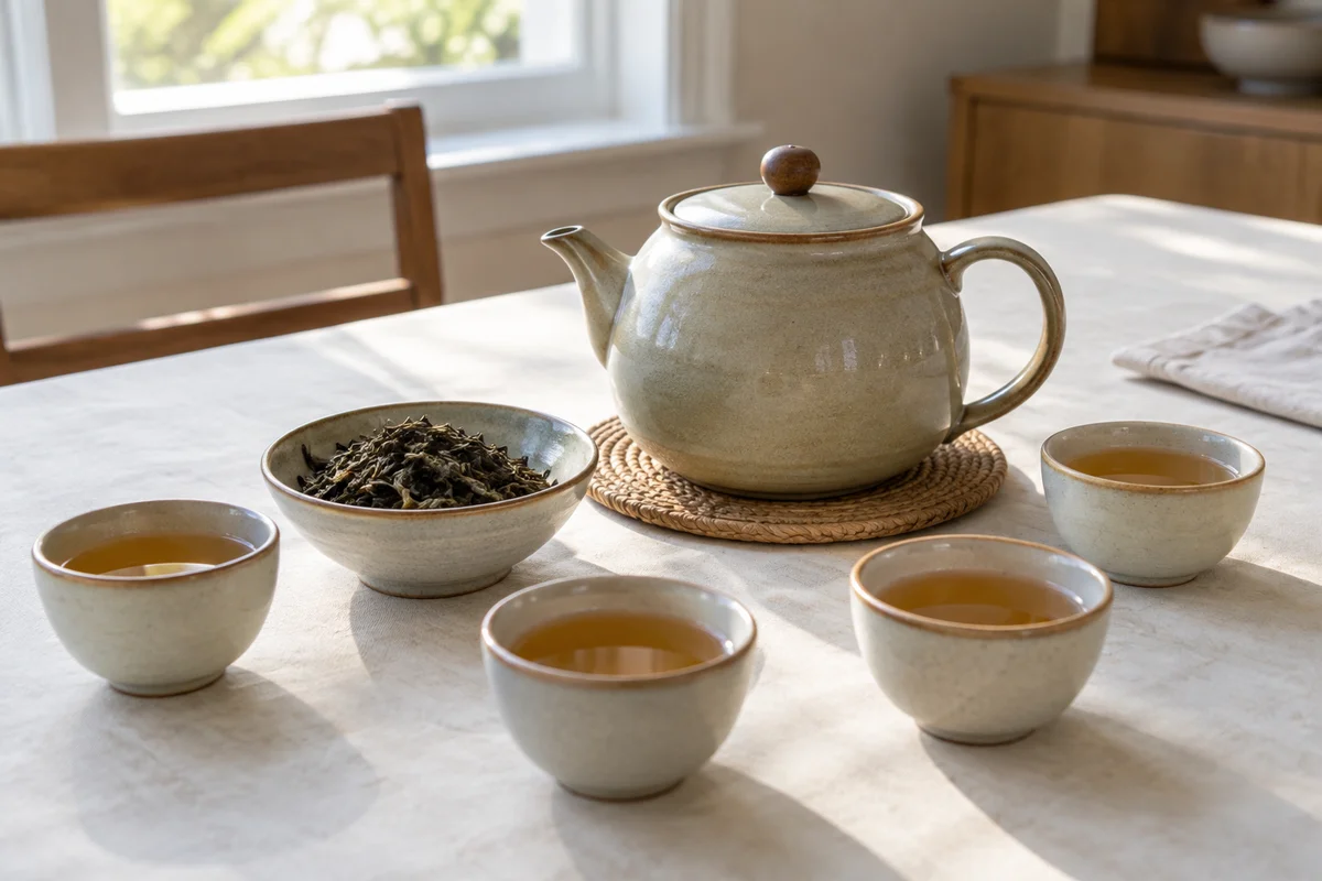 Large tea pot and a measured bowl of dry leaves with four cups