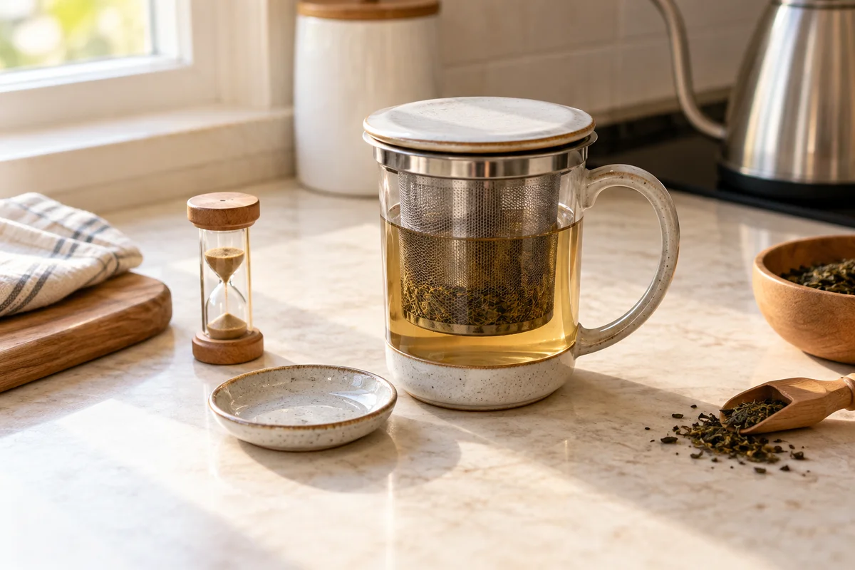 Covered mug infuser on a desk with a small timer and drip dish