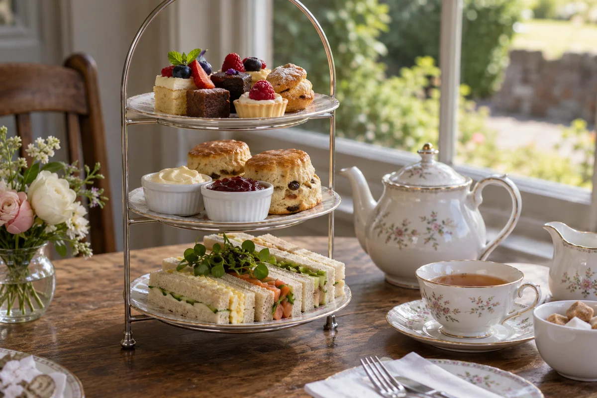 Tiered stand of small sandwiches scones and cakes beside porcelain tea pot
