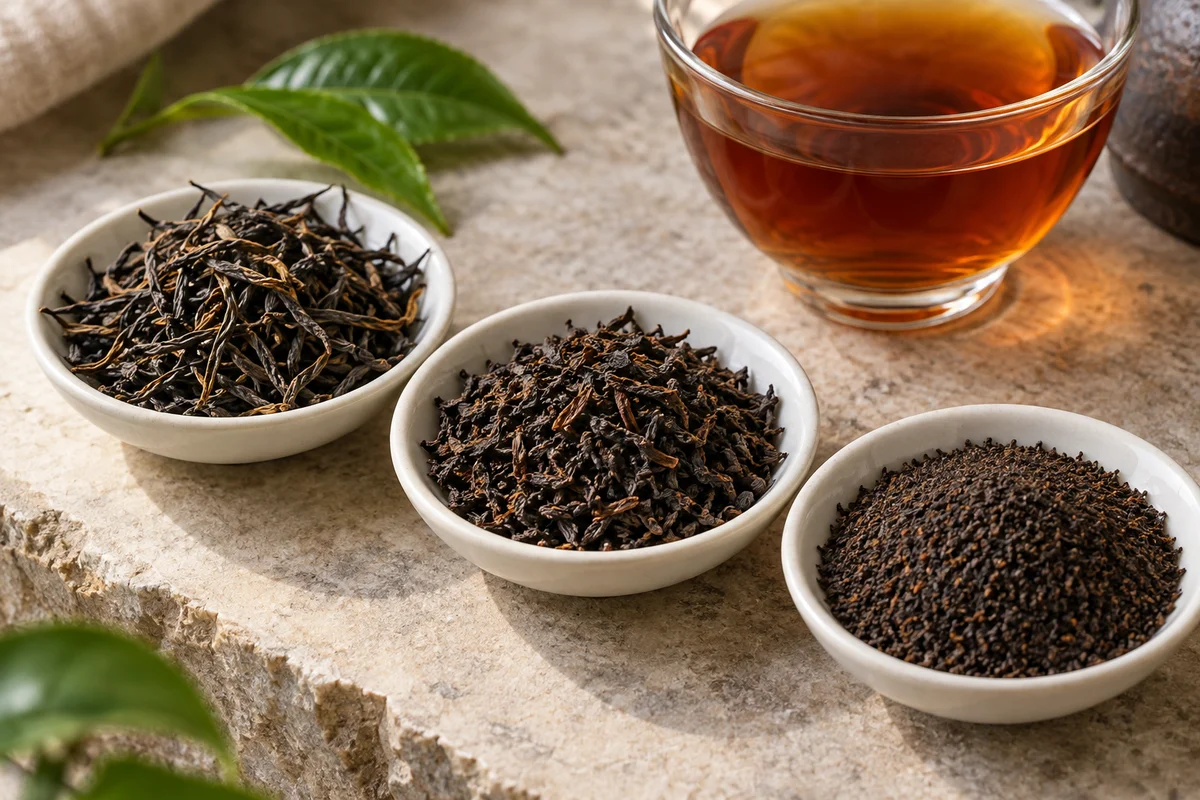 Three grades of Sri Lankan black tea in dishes beside amber tea