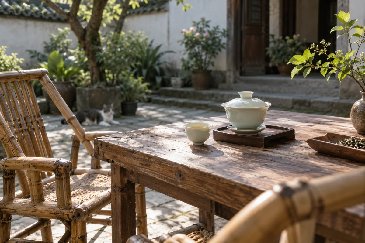 Bamboo chairs around wooden table with lidded gaiwan in open courtyard