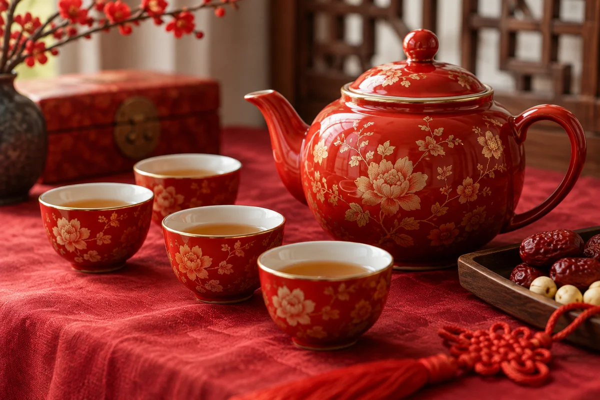 Red porcelain wedding tea set on a red cloth no people