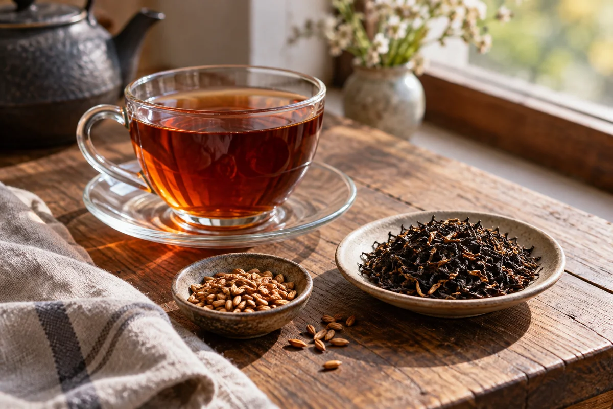 Deep amber black tea with copper dry leaf and a small malt grain dish