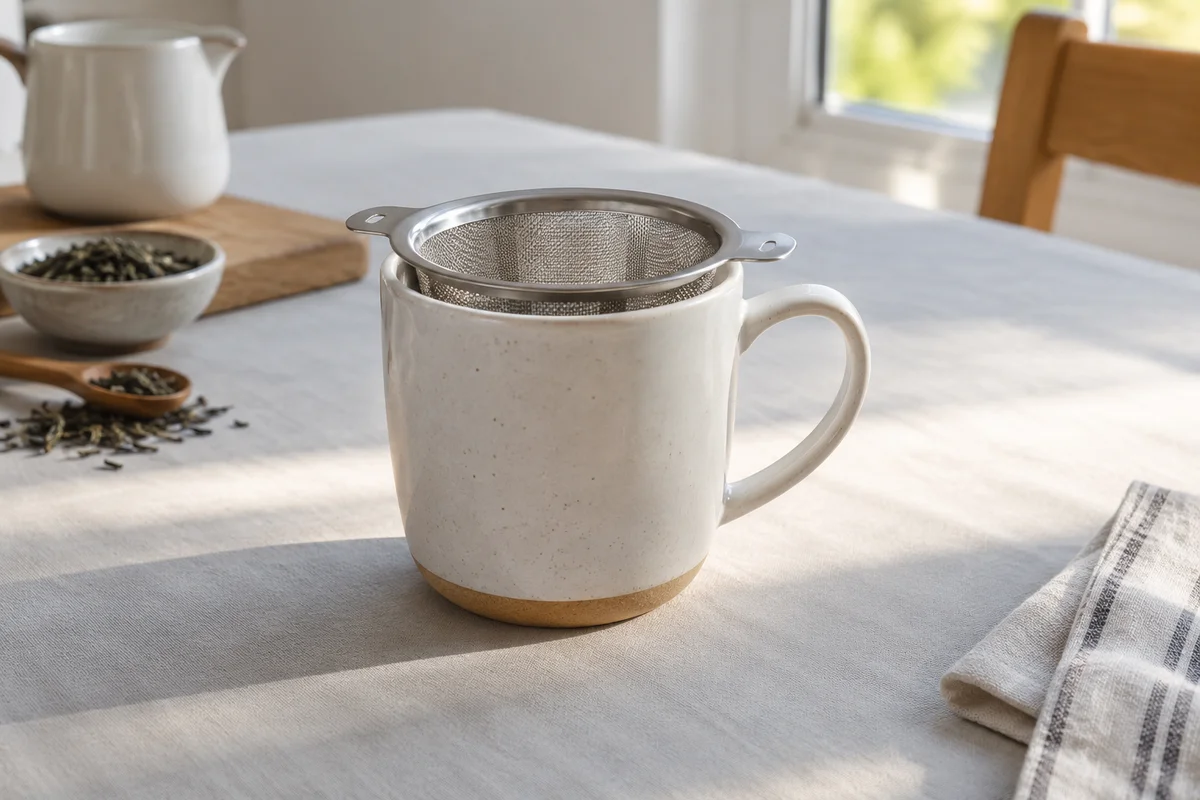 Wide mesh basket sitting securely inside a ceramic mug