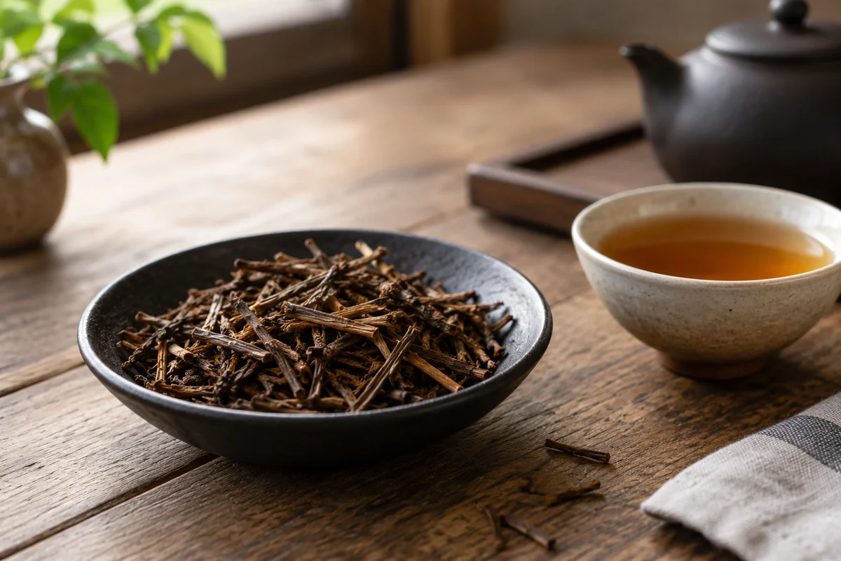 Roasted brown tea stems in a shallow black bowl beside amber cup