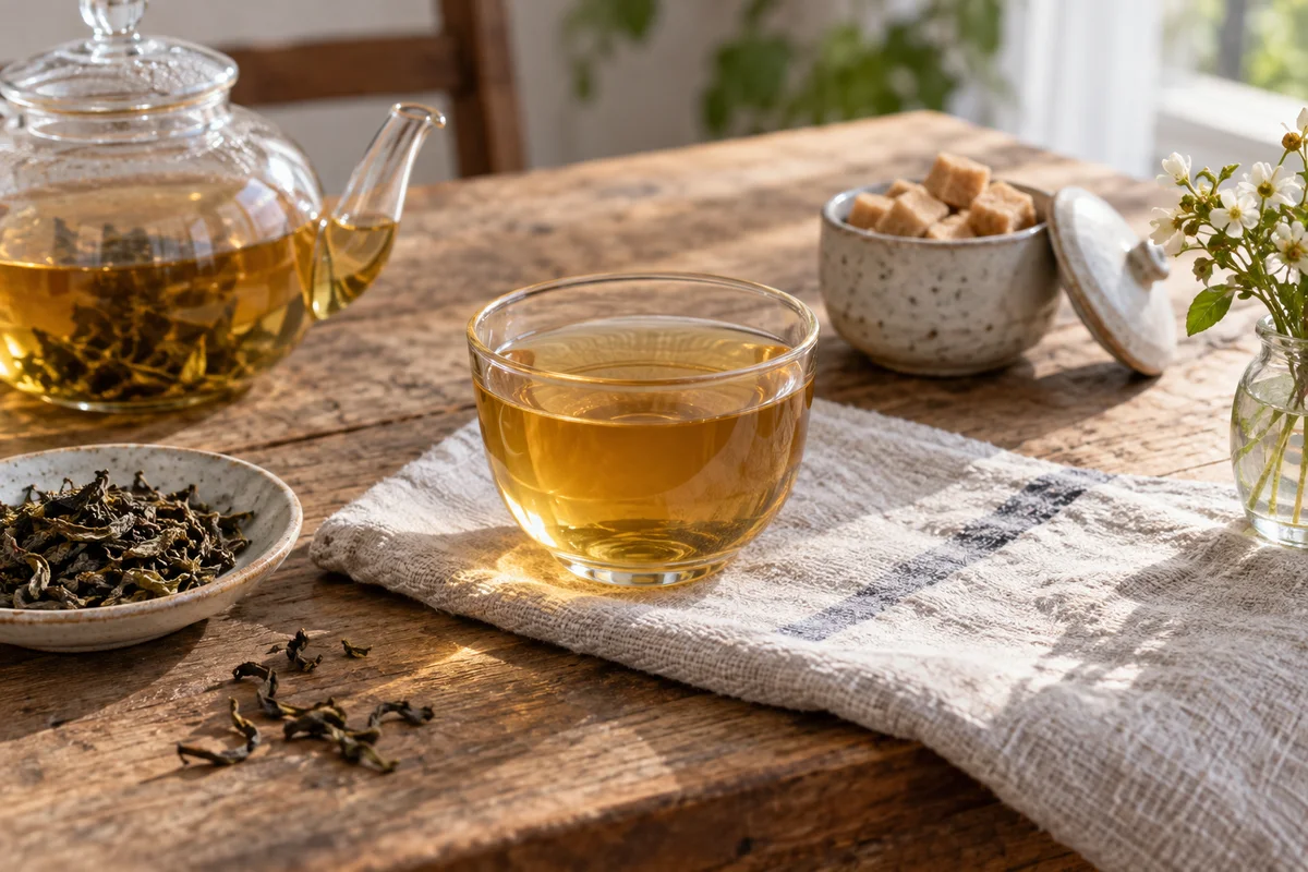 Golden tea in handleless cup with sugar bowl set apart in background