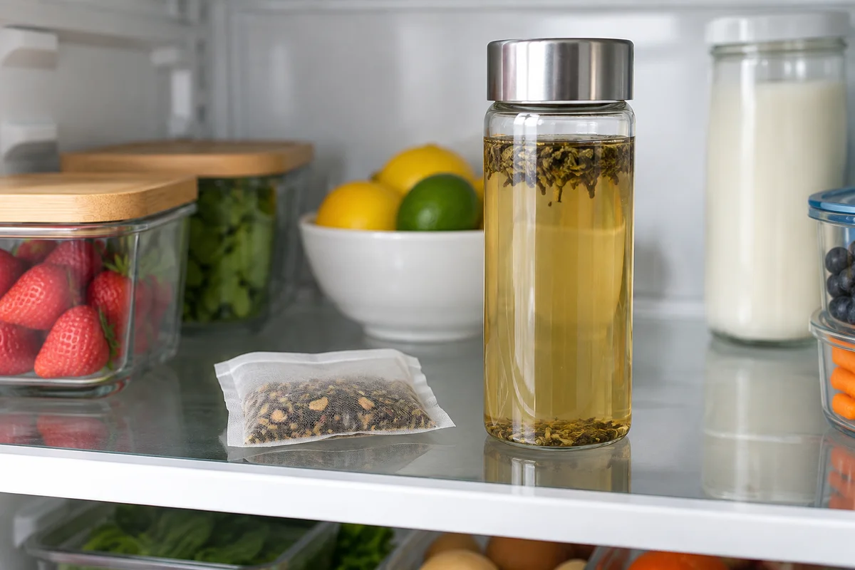 A covered infusion bottle and a small unlabelled tea packet in a refrigerator