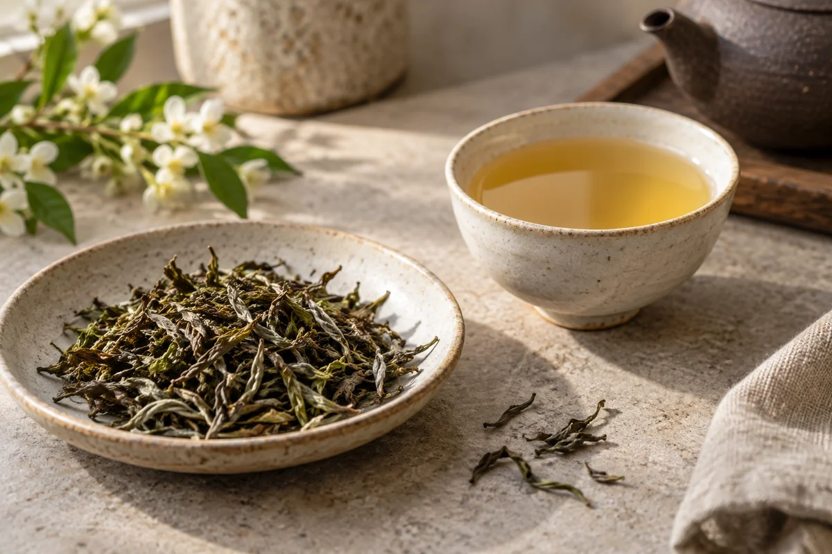 Green-brown first flush Darjeeling leaves beside pale golden tea