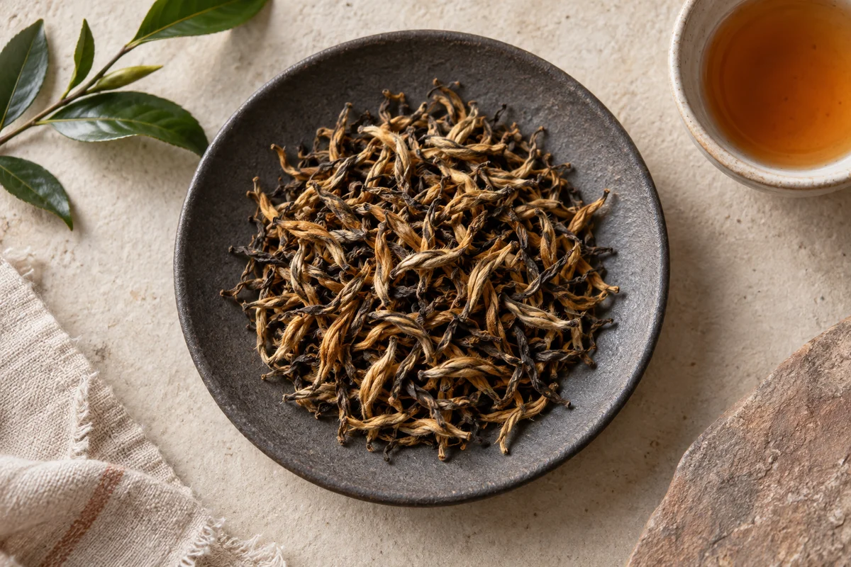 Golden and black curled Dian Hong buds on a charcoal-coloured plate