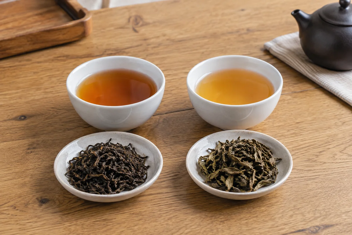 Two plain tasting bowls of amber tea with different dry leaf portions