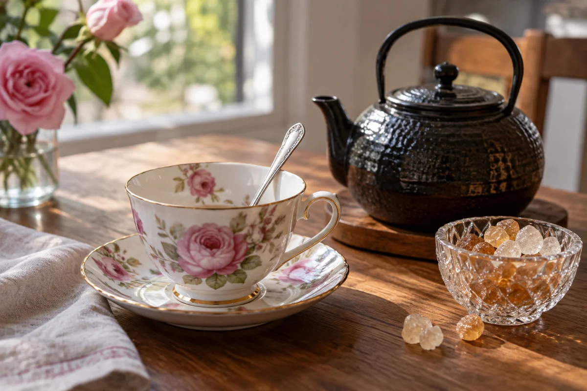 Rose porcelain teacup containing a teaspoon beside black tea pot and rock sugar