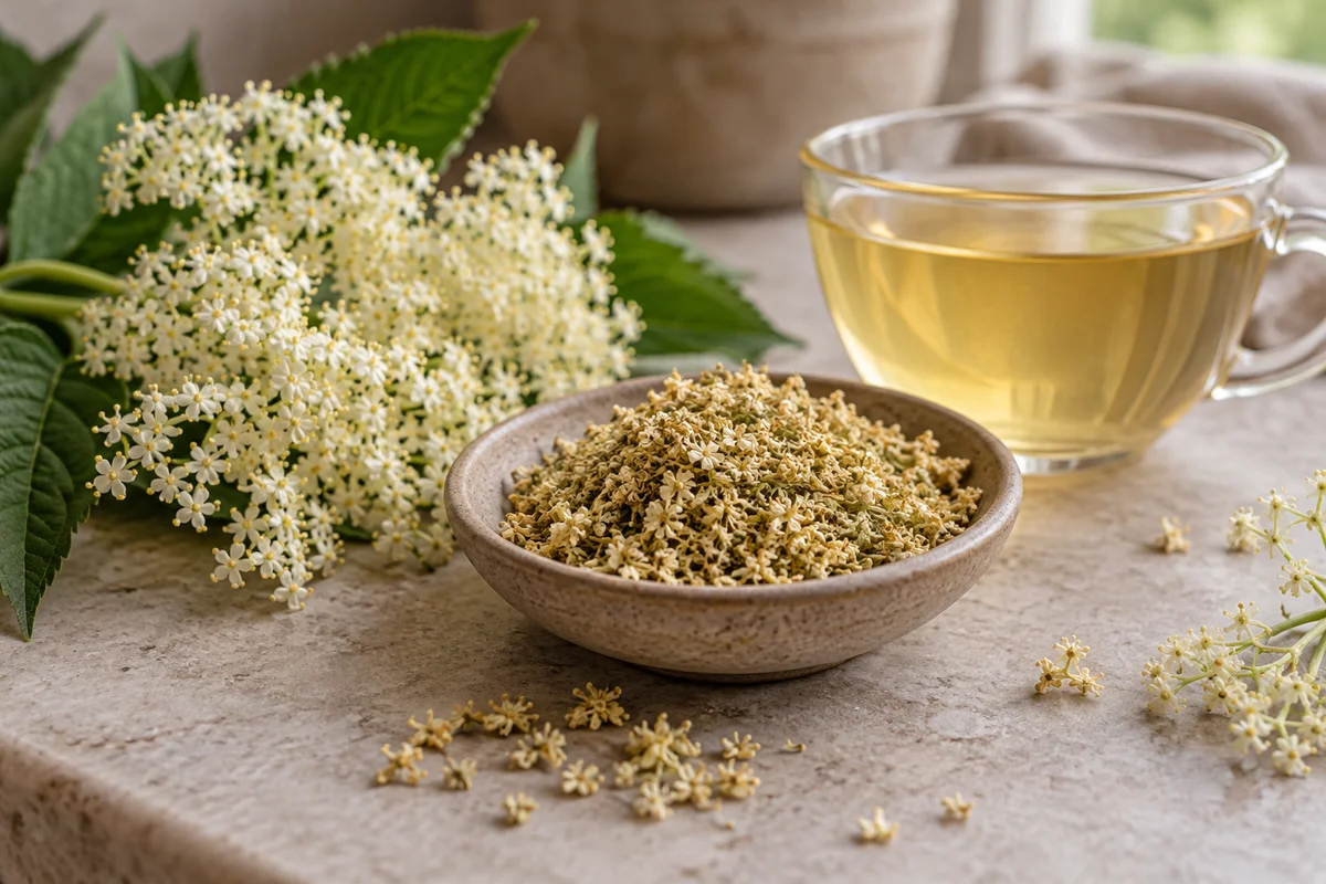 Tiny dried elderflowers beside fresh cream-coloured flower clusters and a pale infusion