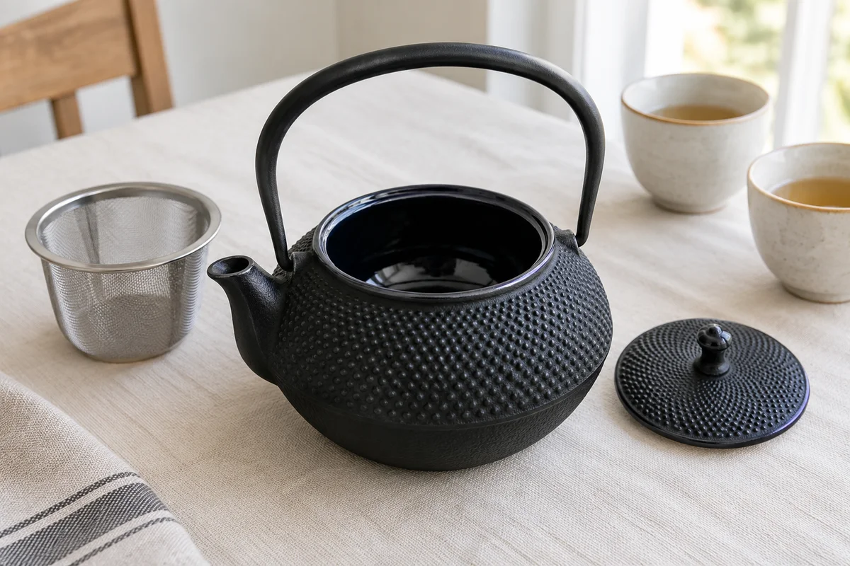 Black cast iron tea pot open to show glossy enamel lining