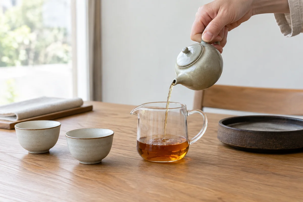 Small ceramic teapot draining its final thin stream into a glass pitcher