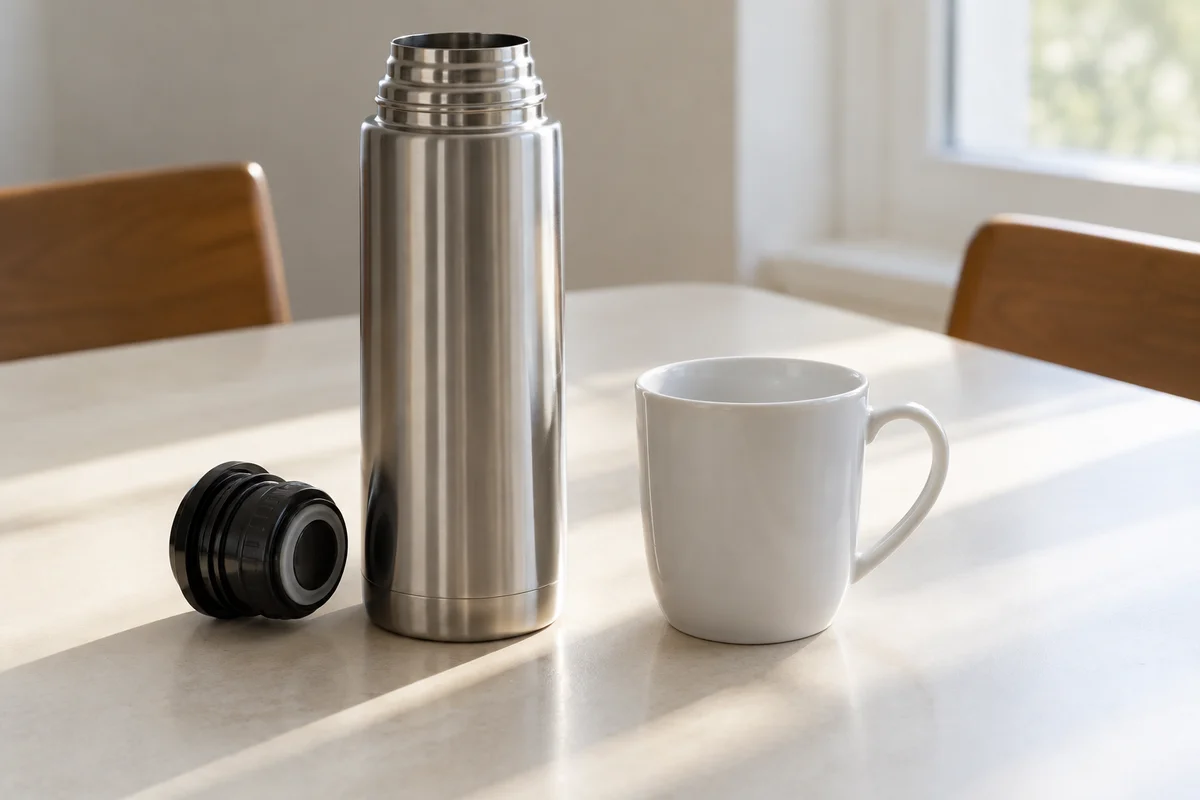 An open stainless steel flask with its stopper removed beside a cup of tea