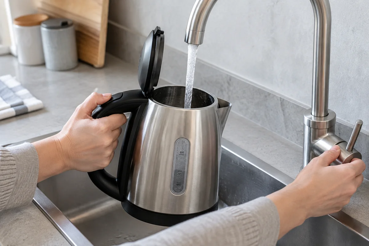 Clear water being added to an electric kettle at a kitchen sink