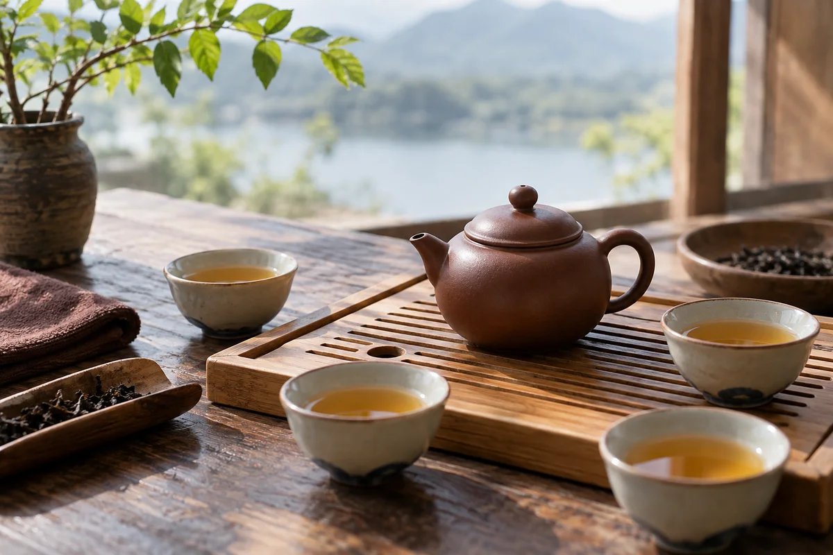 Small chinese tea pot and four tasting cups around bamboo tea tray