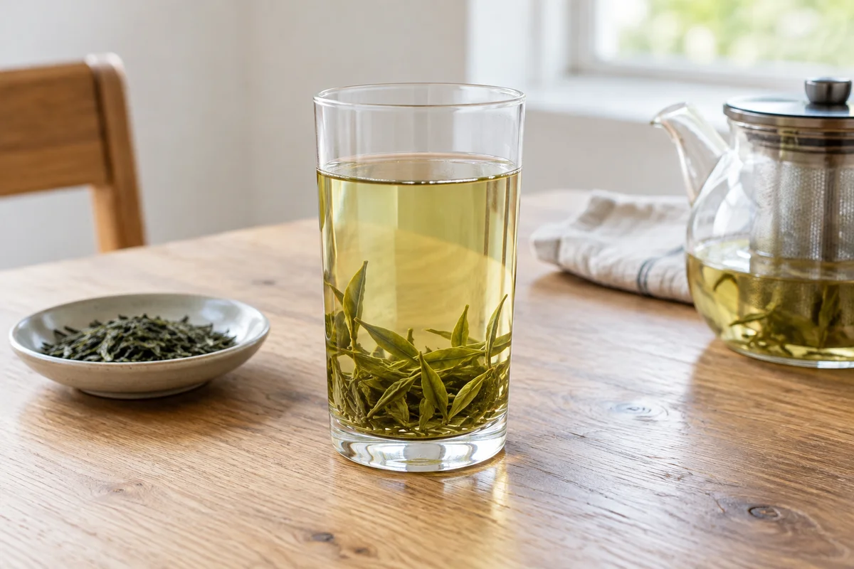 Loose whole green leaves resting in a heatproof tall glass of pale tea