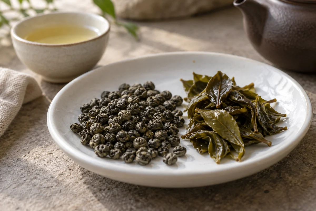 Dark olive gunpowder tea pellets beside unfurled wet tea leaves