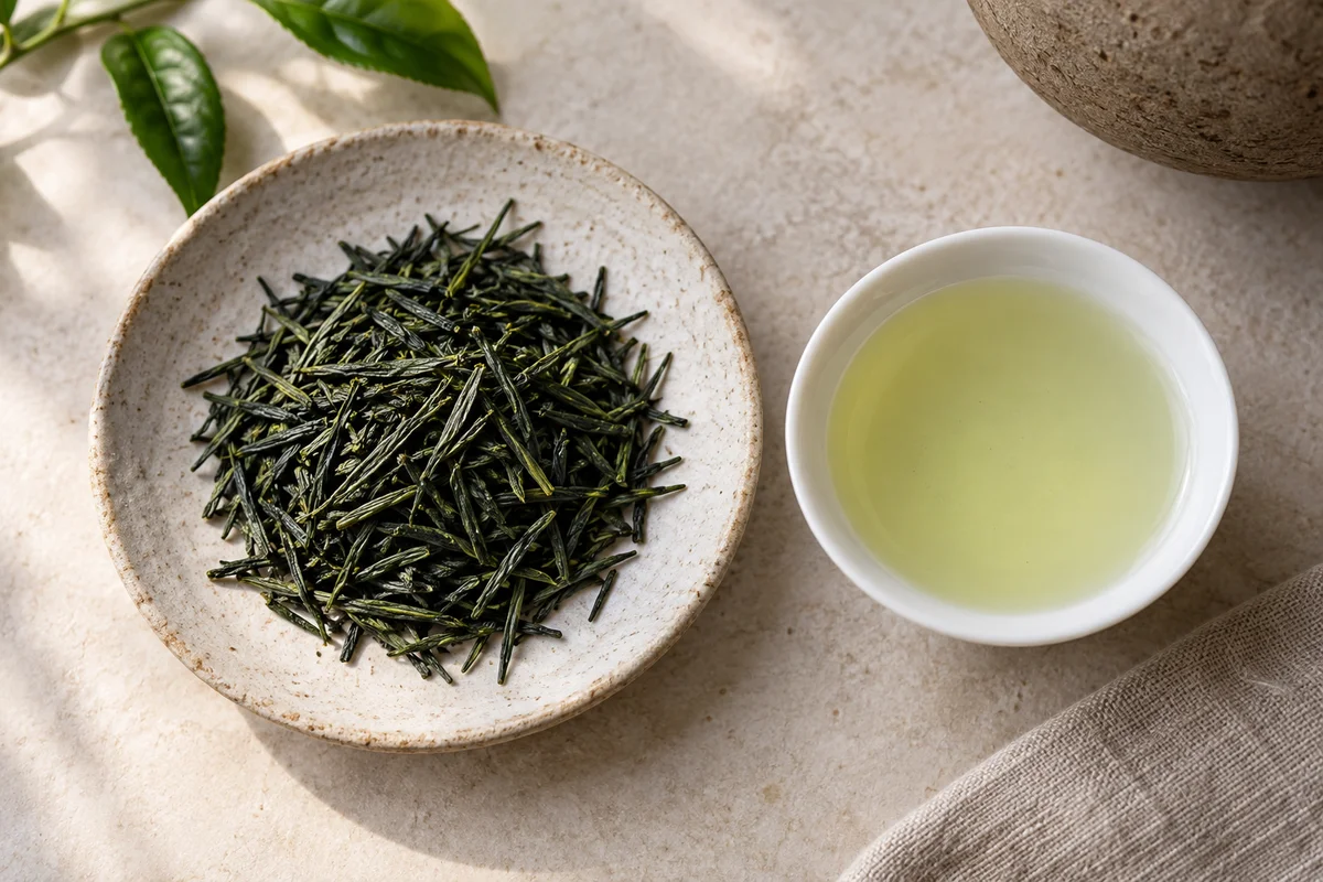 Dark gyokuro needles beside a tiny cup of pale jade tea