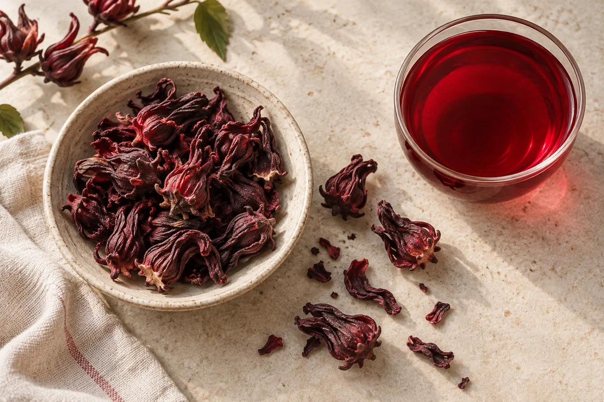 Deep red dried roselle calyces beside a ruby-coloured infusion