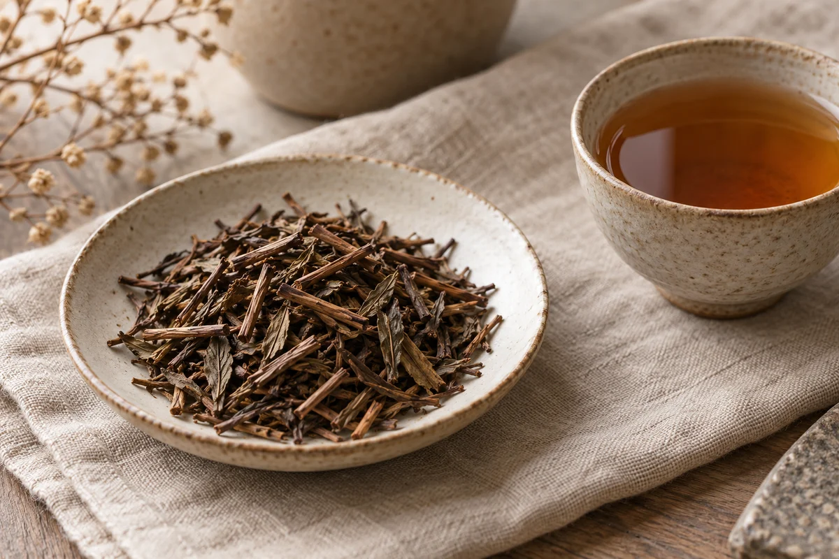 Brown roasted hojicha leaves and stems beside copper-coloured tea