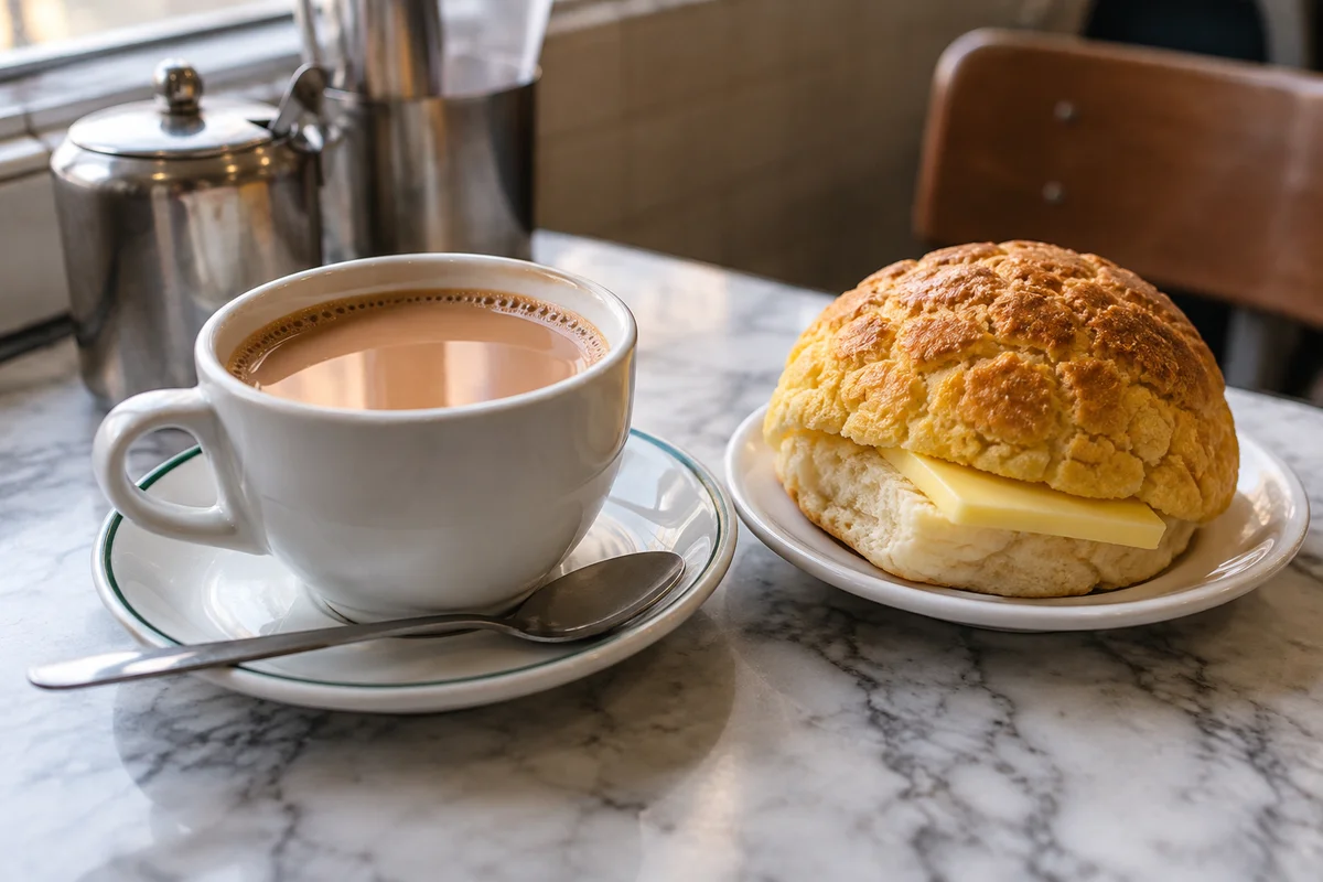 Thick hong kong milk tea in plain cafe cup beside a pineapple bun