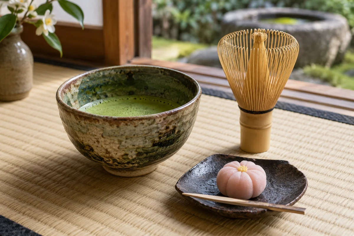 Matcha bowl and small wagashi on tatami beside bamboo whisk no people