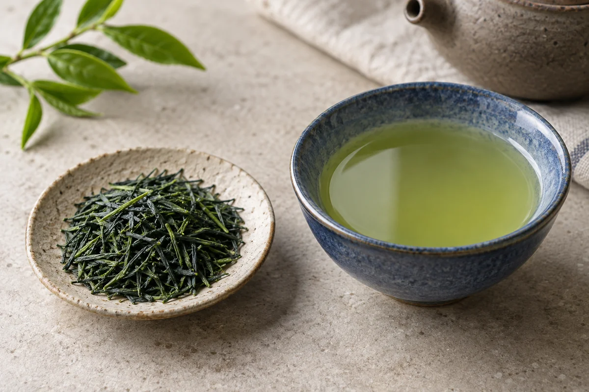 Fine green kabusecha leaves beside light green tea in a low blue bowl