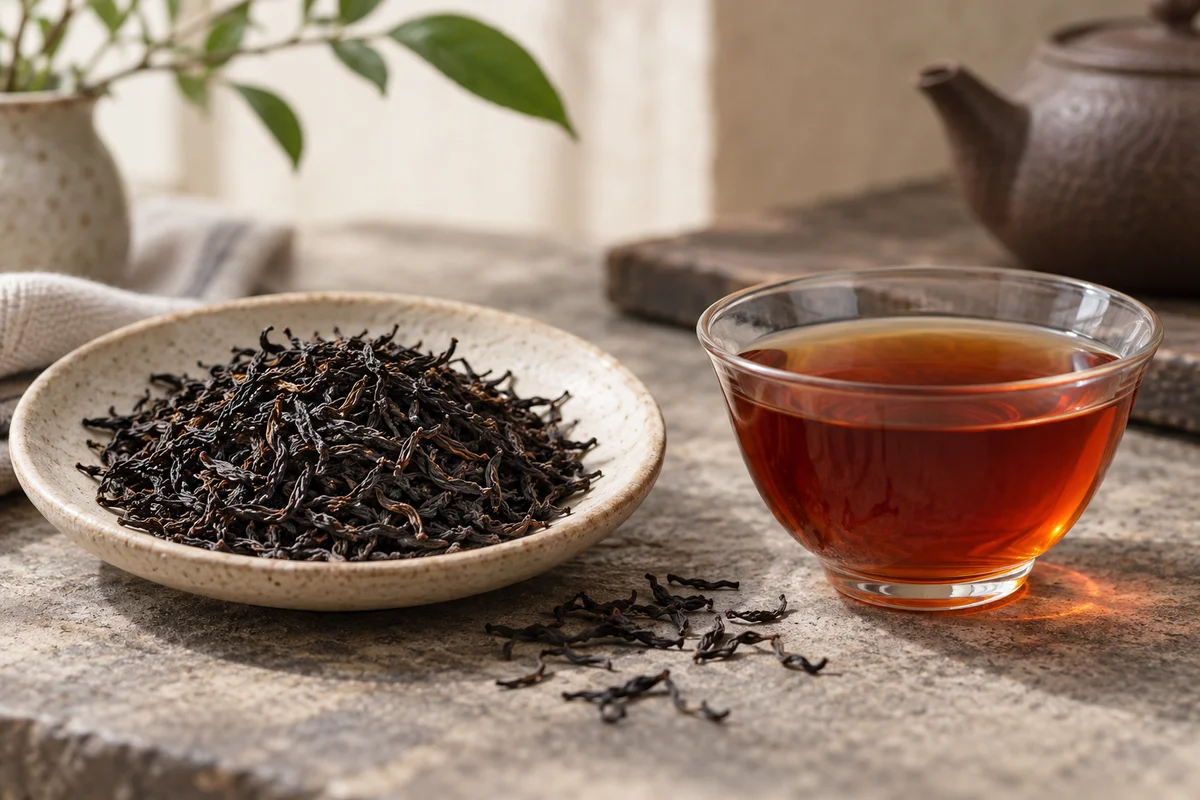 Fine twisted Keemun leaves with reddish tea in a small cup