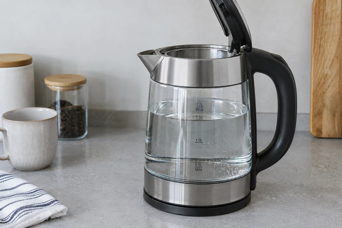 An electric kettle with clearly visible water-level markings