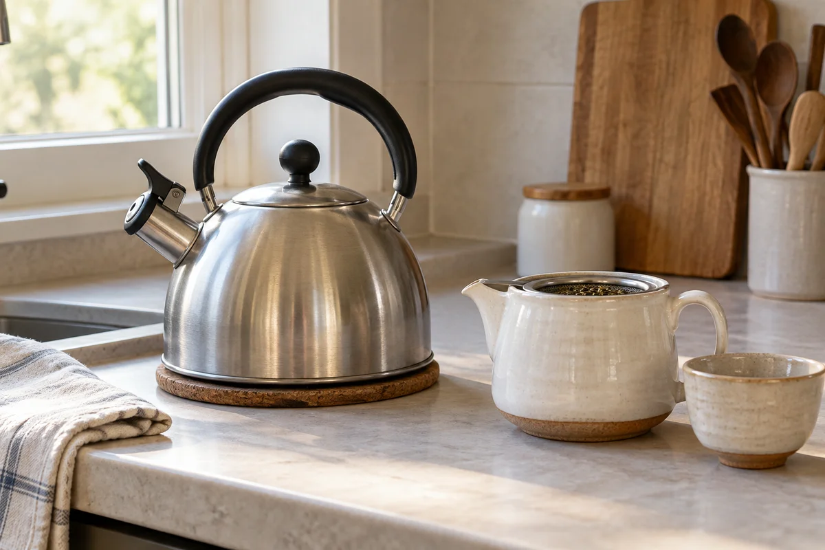 A metal kettle beside a cream ceramic teapot and teacups