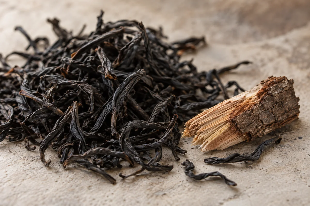 Dark Lapsang tea beside a cup and a small piece of pine wood