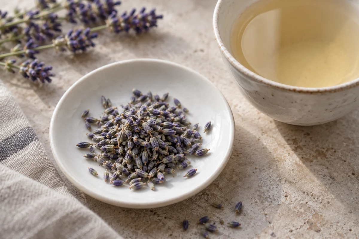 A small dish of dried lavender flowers beside a pale herbal infusion