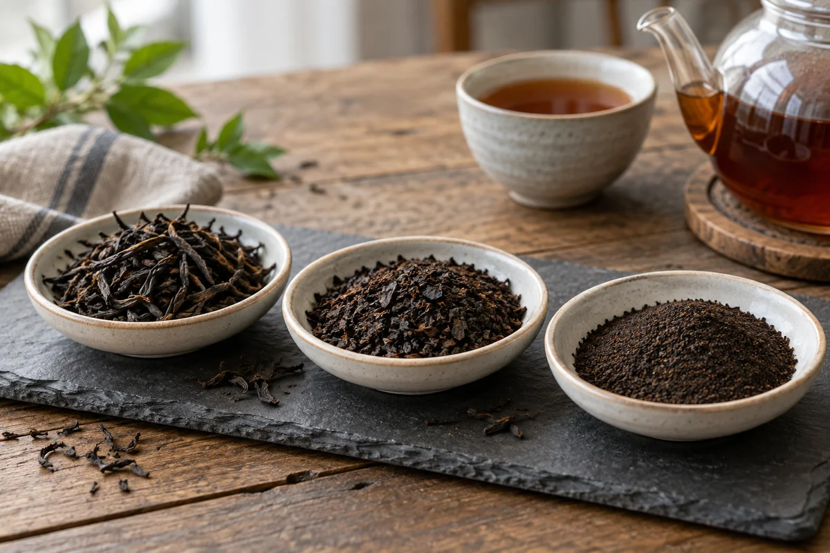 Three small dishes with whole black tea leaves broken leaves and fine tea particles