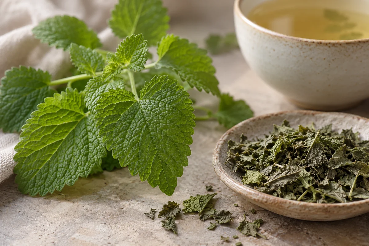 Broad textured lemon balm leaves beside a pale herbal infusion