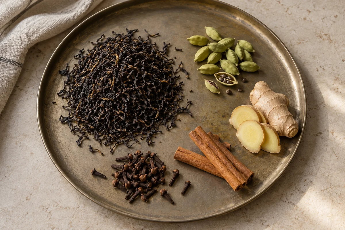 Black tea beside separate cardamom pods, ginger, cinnamon and cloves