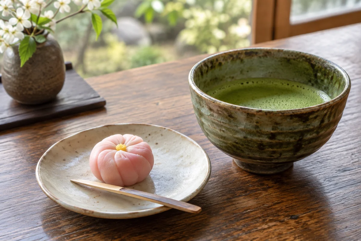 Single seasonal wagashi on small plate next to green matcha bowl