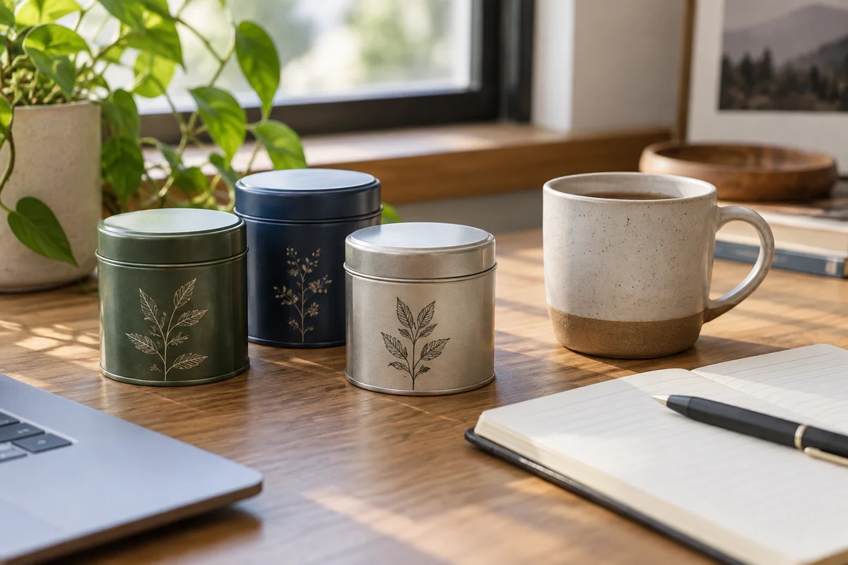 Three closed small tea tins beside a work desk mug and notebook