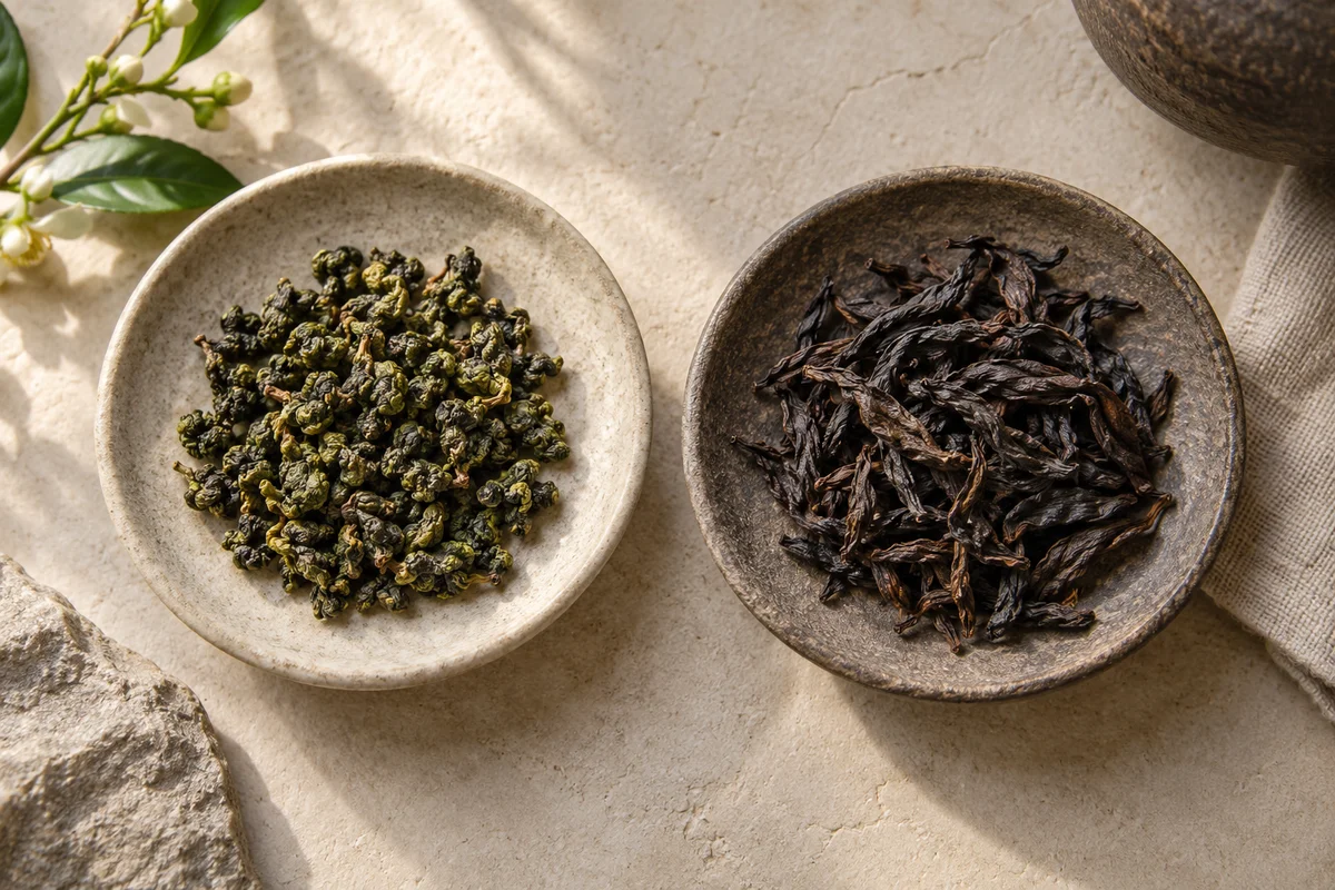 Green rolled oolong beside dark twisted roasted oolong leaves
