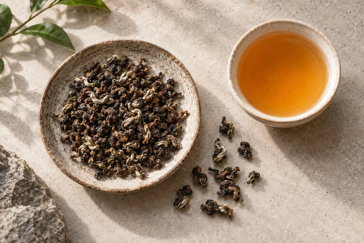Brown, reddish and silver-tipped Oriental Beauty leaves beside golden-orange tea