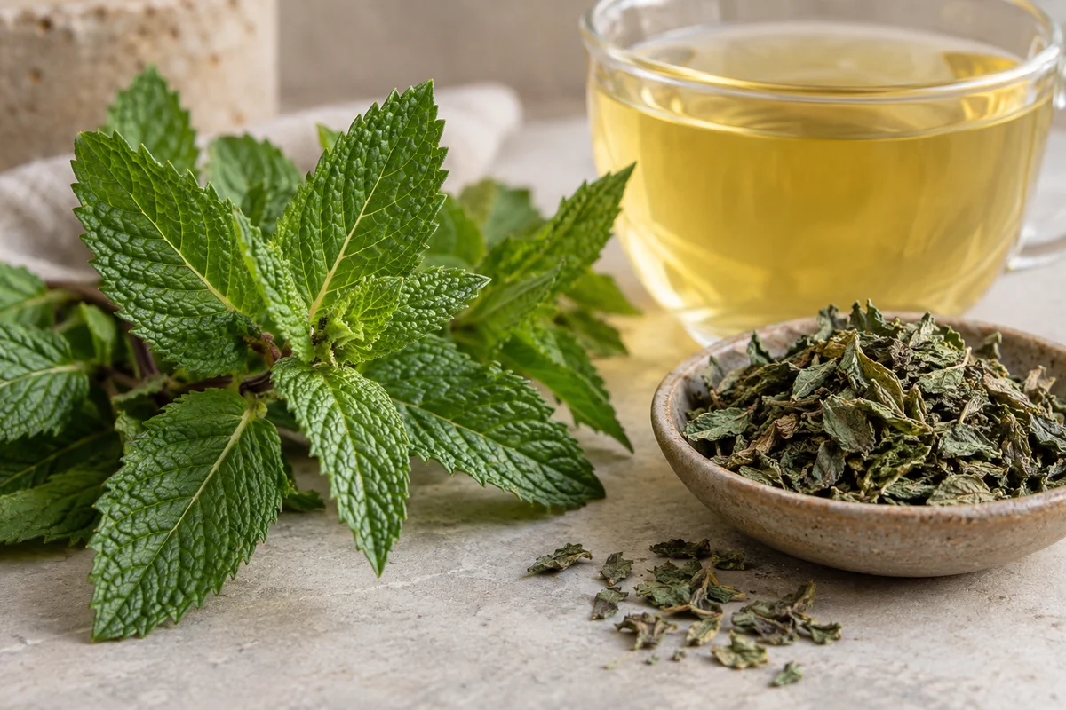 Fresh peppermint leaves beside dried peppermint and a clear herbal infusion