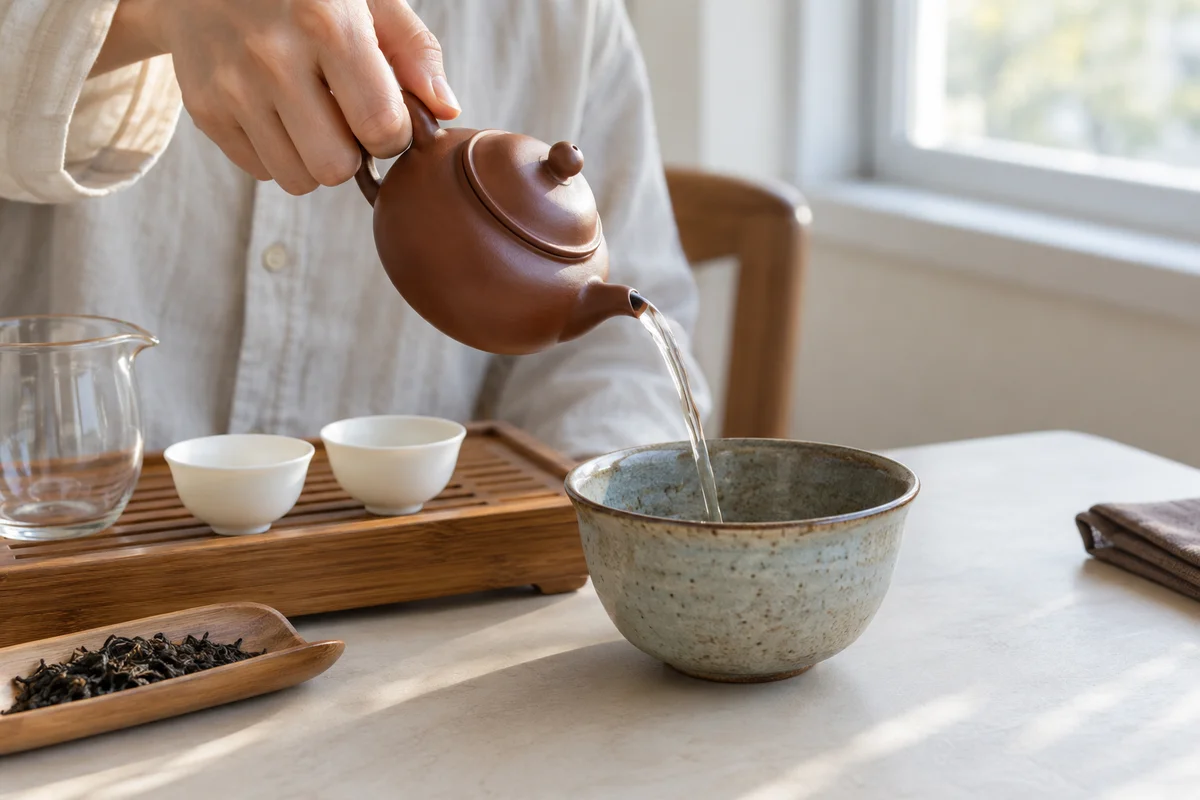 Small tea rinse being discarded from a pot into a waste bowl
