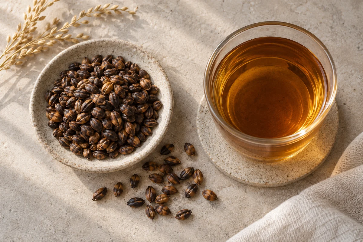 Roasted barley grains beside a brown-gold mugicha infusion