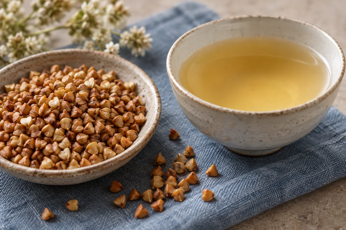 Roasted buckwheat kernels beside a golden sobacha infusion