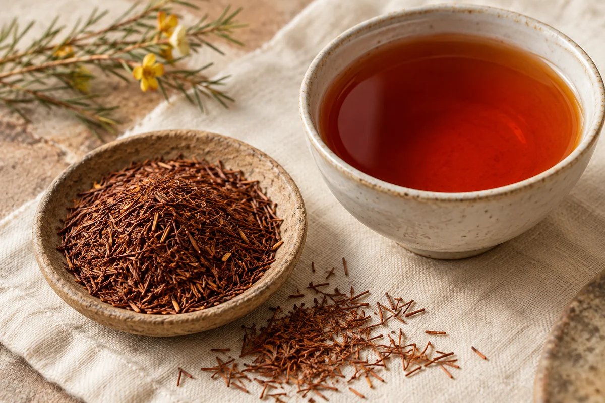 Fine red-brown rooibos pieces beside a reddish amber infusion