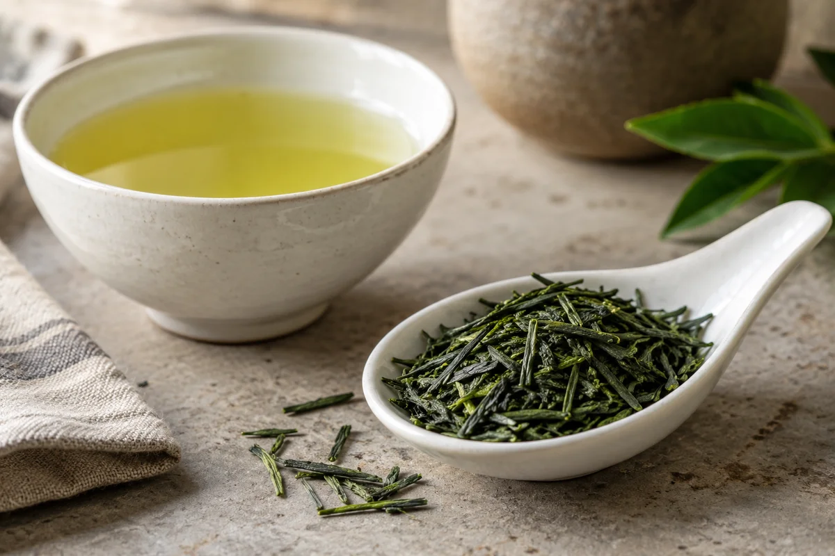 Fine dark green sencha needles beside pale yellow-green tea