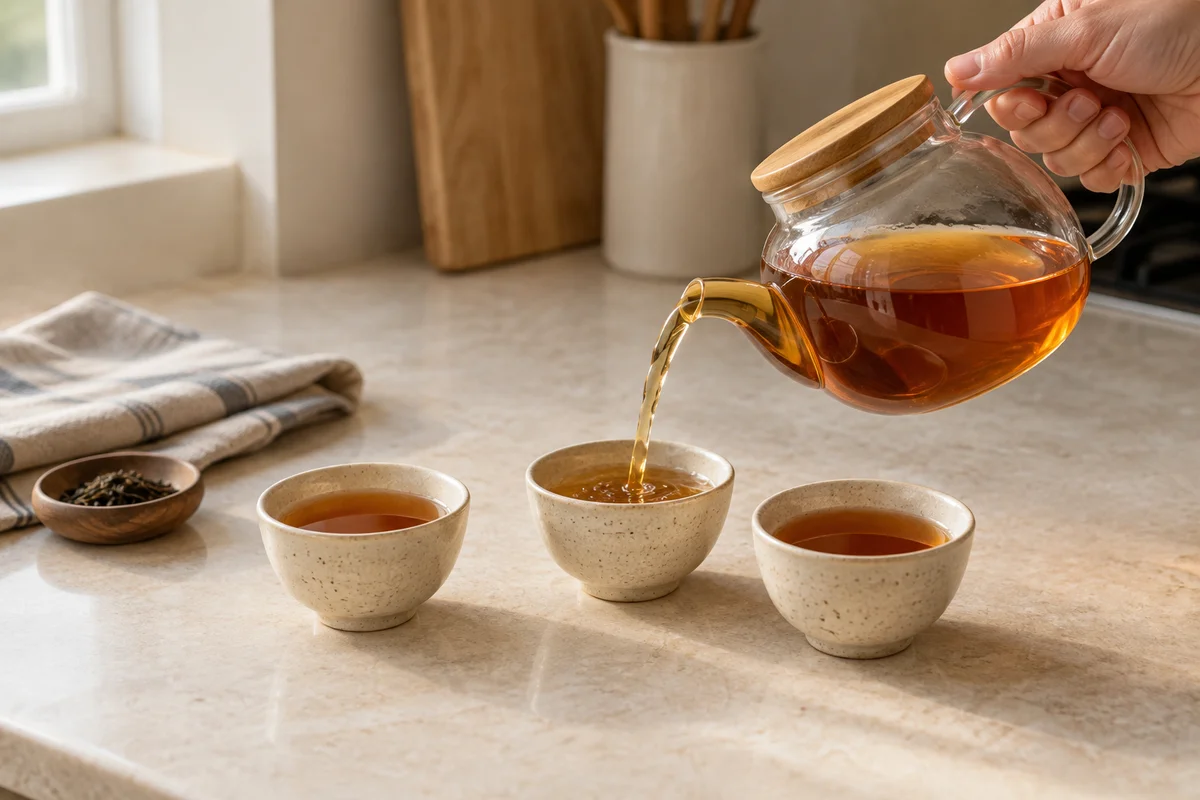 Amber tea being divided between three matching small cups